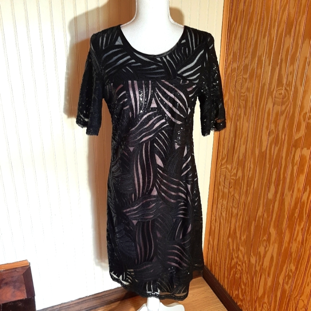 Donna Ricco New York Black Lace Sequin Lavender Lined Short Sleeve Dress